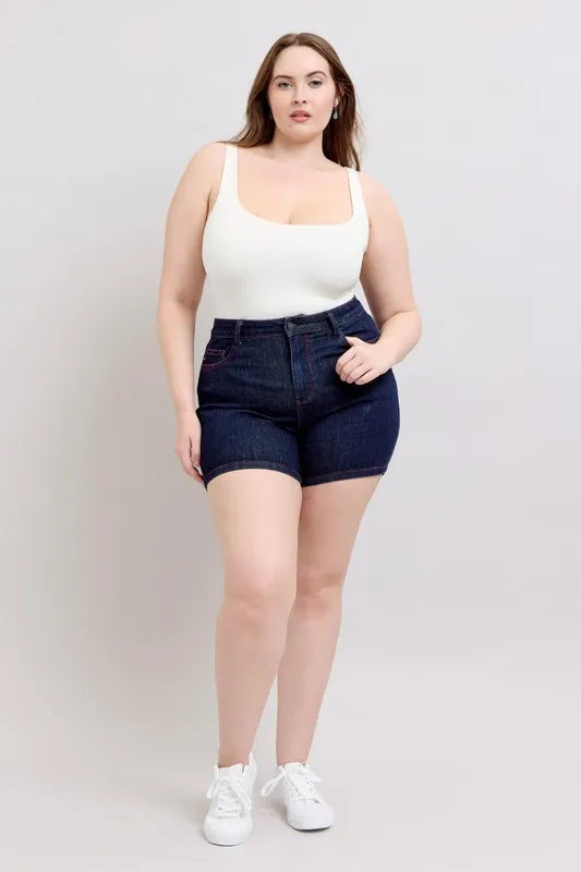 Judy Blue Full Size High Waist Heart Shaped Pkts & Red Contrast Thread Denim Shorts Plus Size OutfitFlow