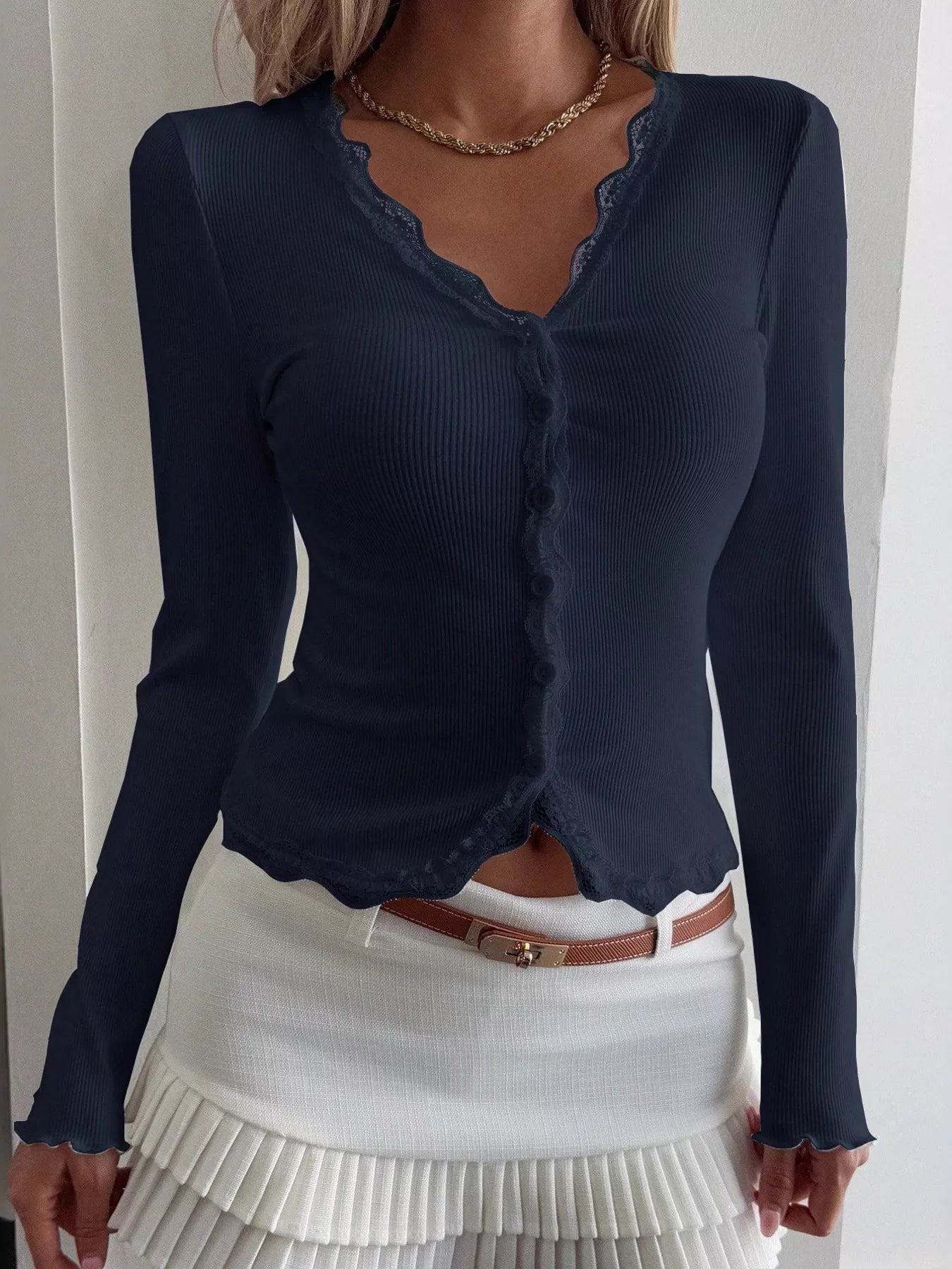 Lace Trim Long Sleeve Top Navy OutfitFlow