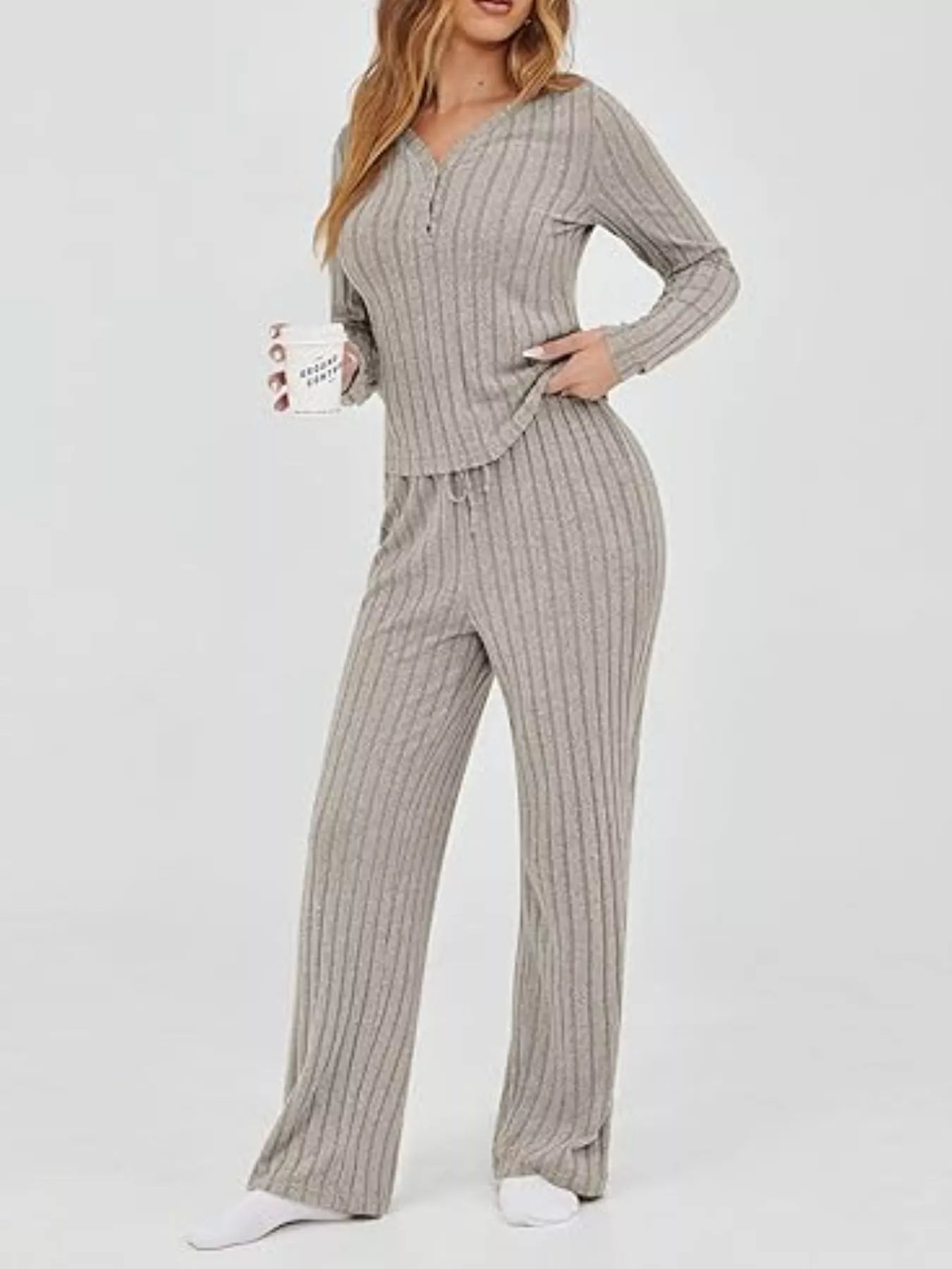 Ribbed Knit Long Sleeve Top and Pants Set Khaki Color OutfitFlow