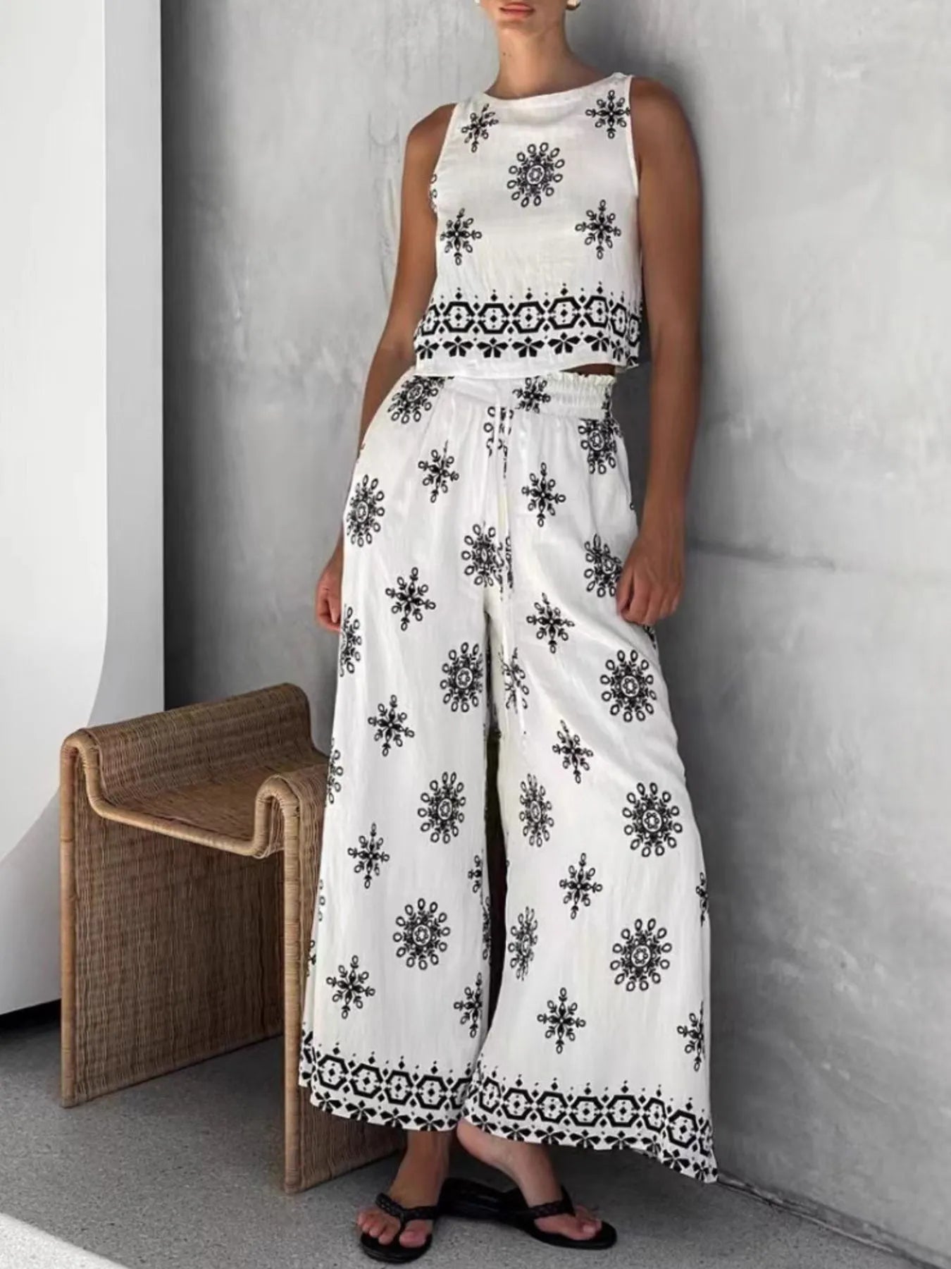 Printed Tank and Wide Leg Pants Set White OutfitFlow
