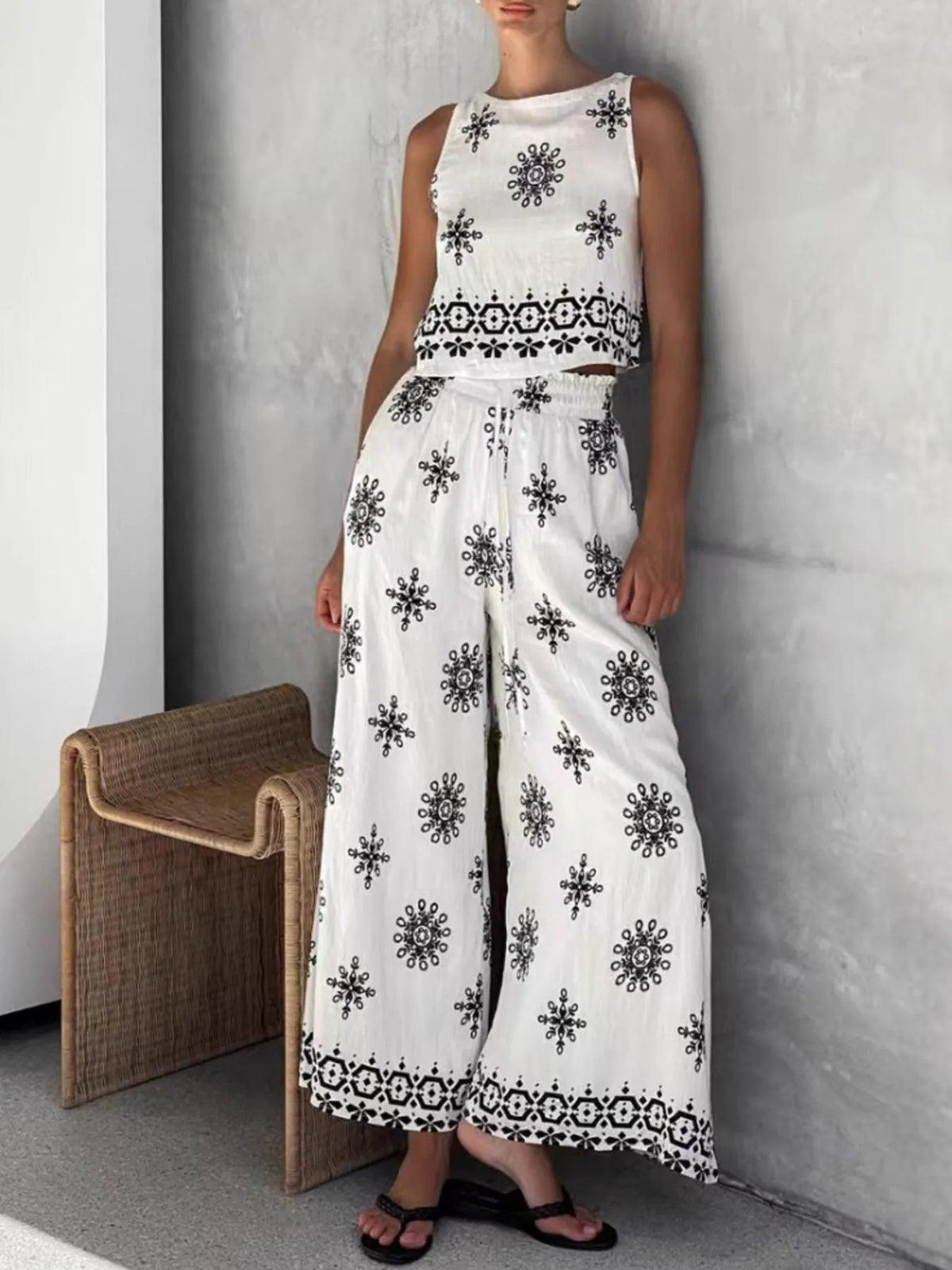 Printed Tank and Wide Leg Pants Set White OutfitFlow