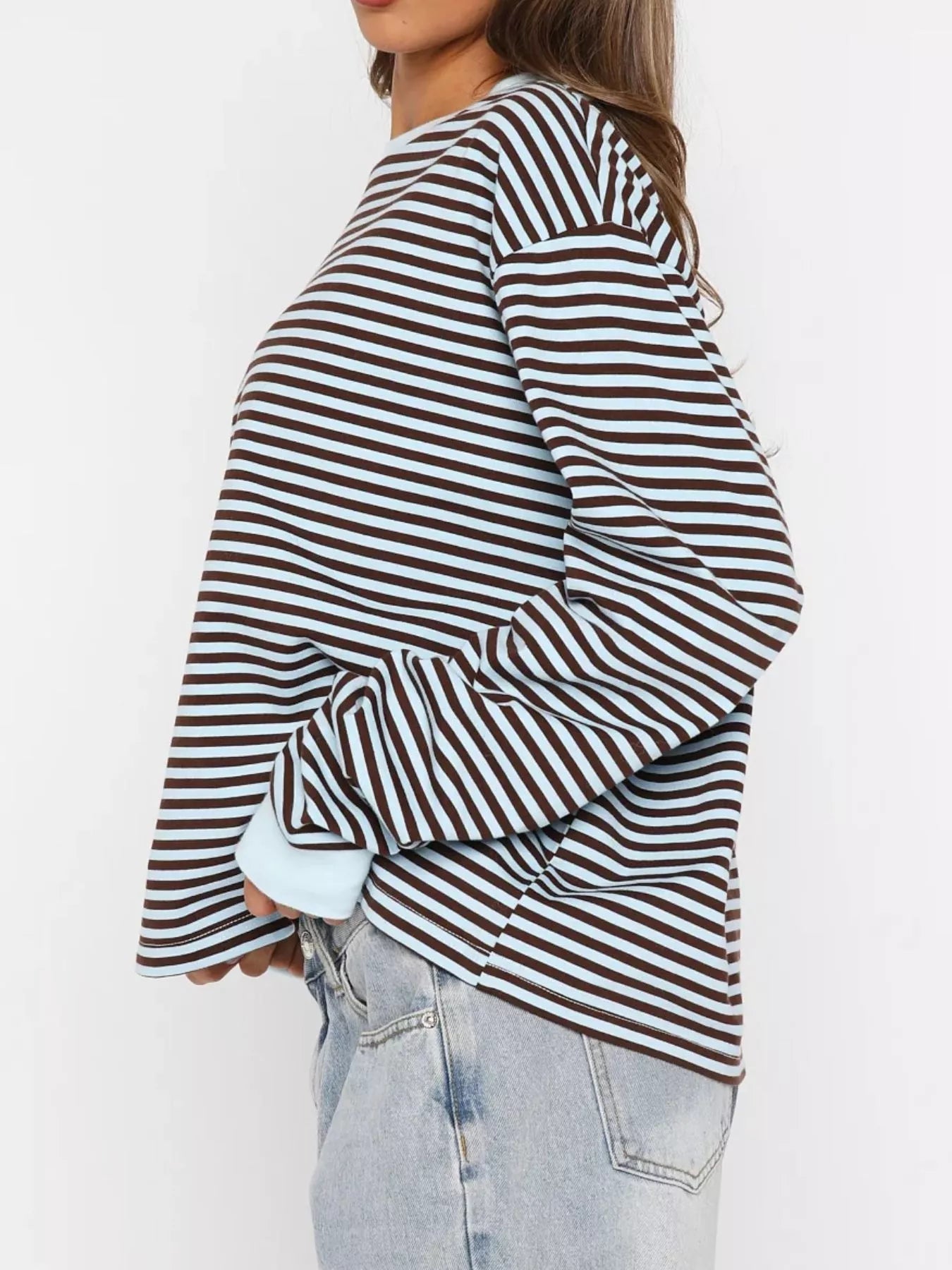 Striped Oversized Round Neck Sweatshirt OutfitFlow
