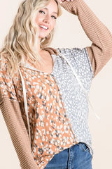 BiBi Popcorn Waffle Knit Hoodie with Print Block Front OutfitFlow