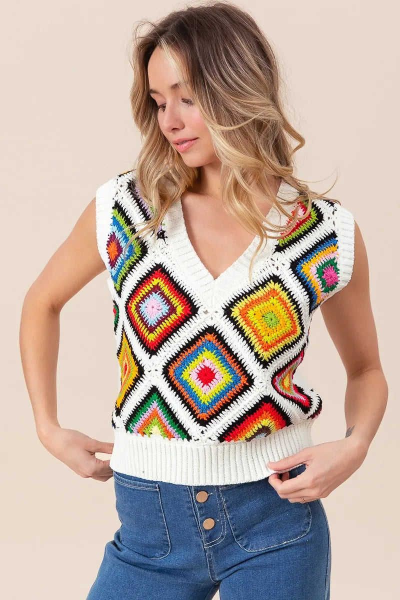 BiBi Diamond Granny Square Sweater Vest OutfitFlow