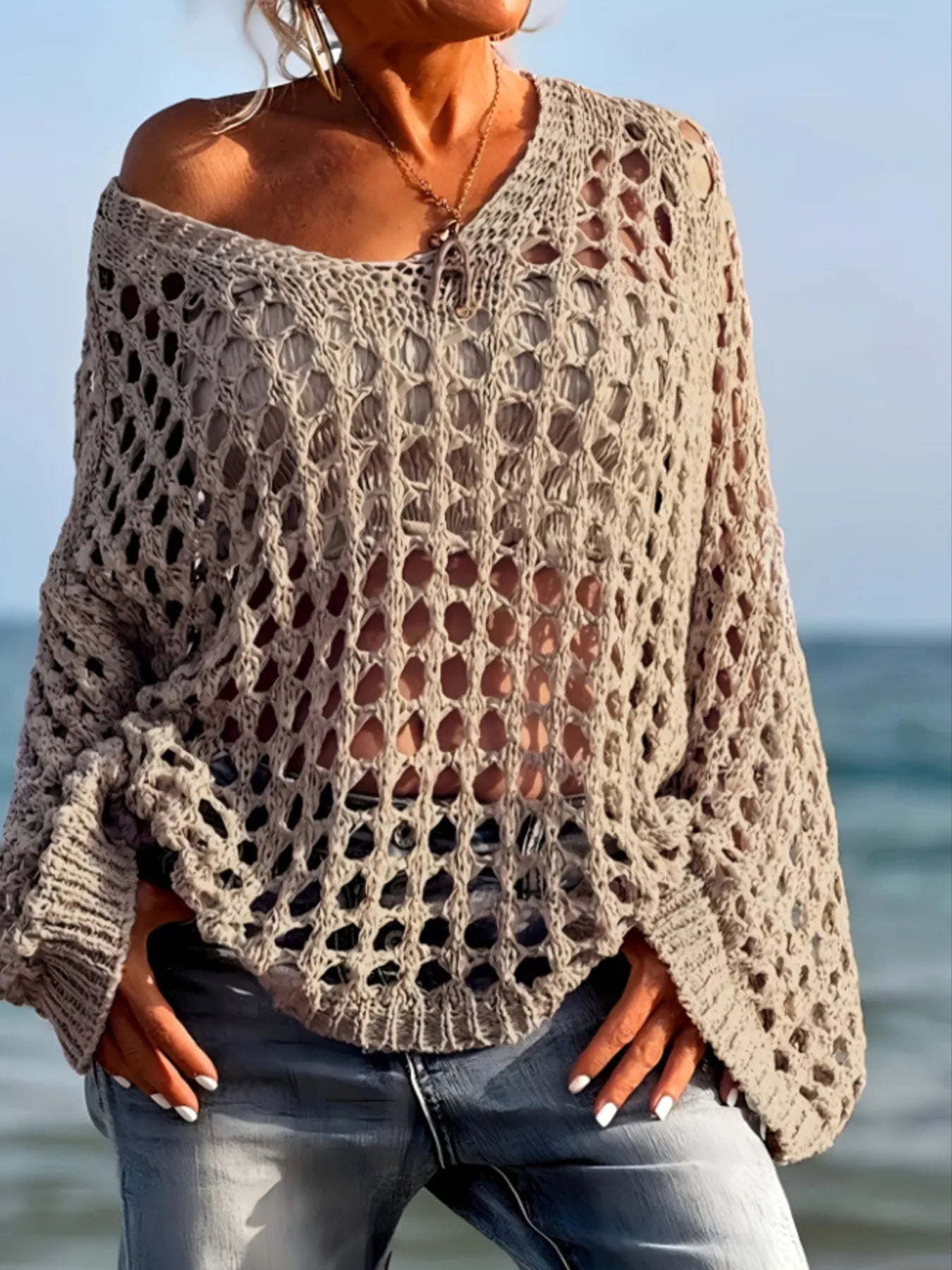 Crochet Long Sleeve Knit Cover Up Khaki OutfitFlow