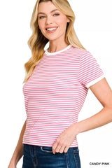 Zenana Striped Contrast Trim Tee Trendsi