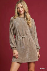 Umgee Velour Drawstring Mini Dress with Long Sleeves OutfitFlow