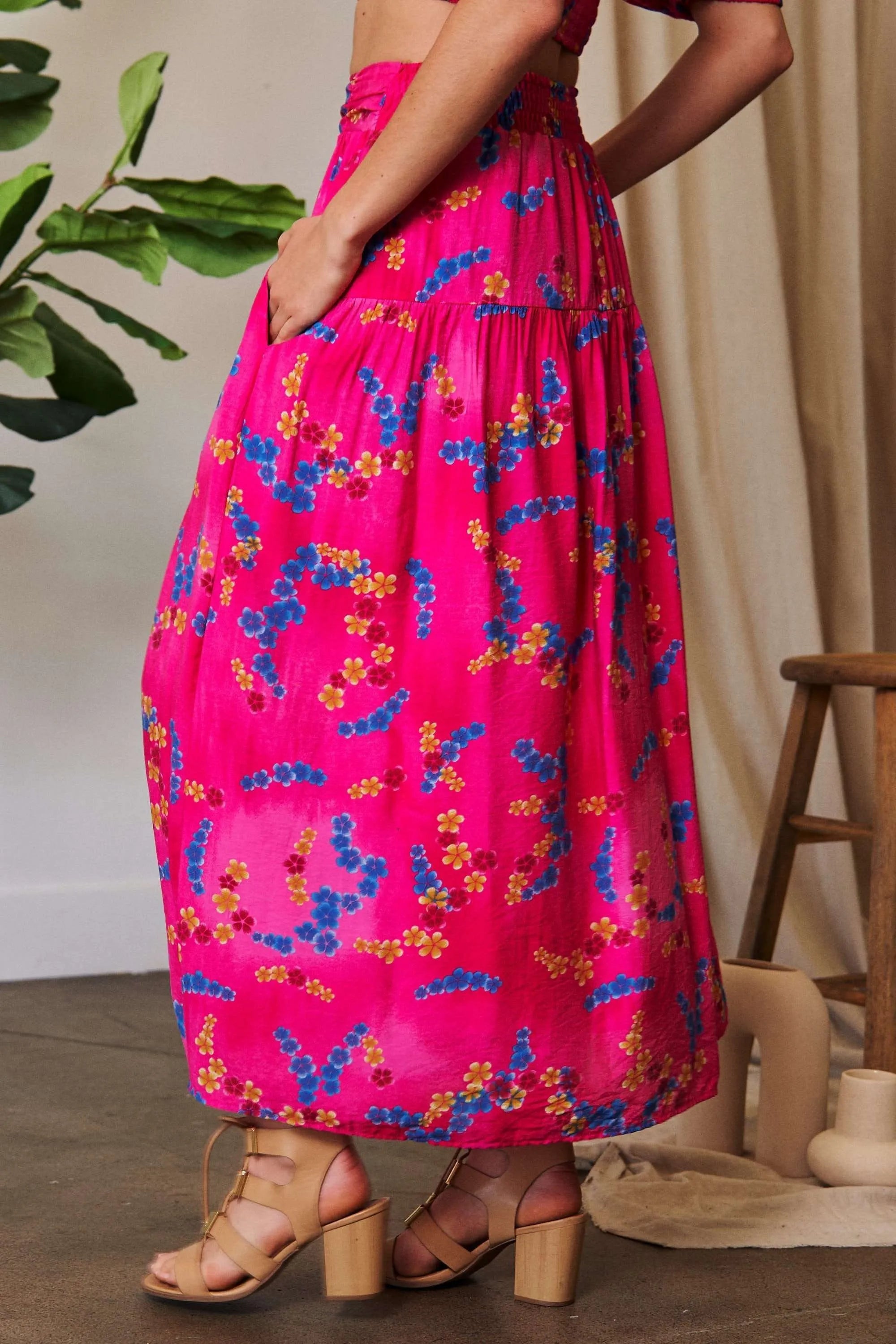 Davi & Dani Printed Smocking Waistband Ruffled Maxi Skirt OutfitFlow