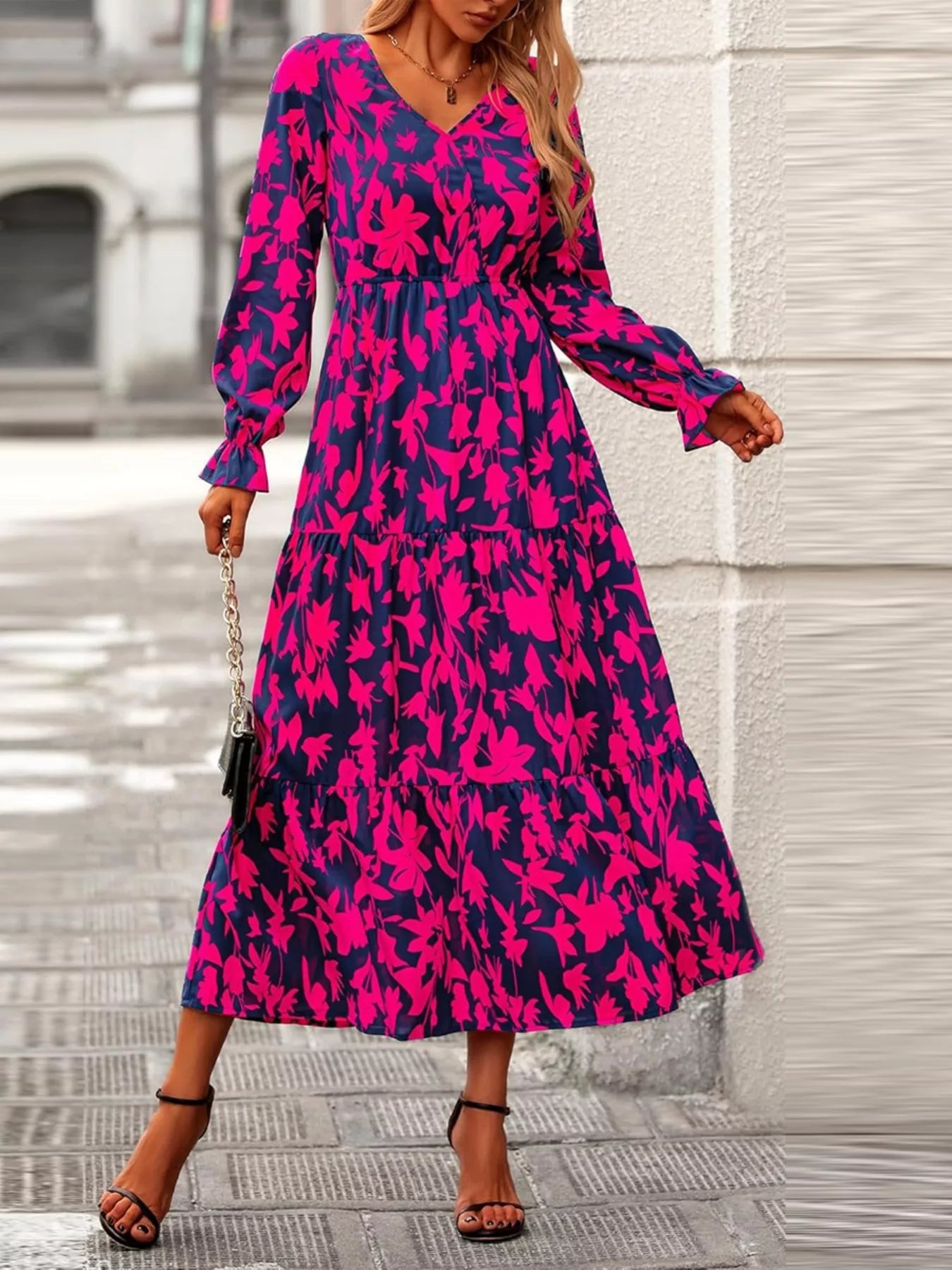 Printed V-Neck Flounce Sleeve Tiered Midi Dress OutfitFlow