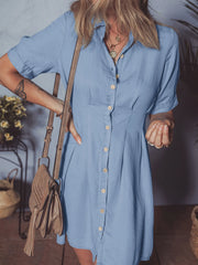 Denim Pleated Slim Waist Short Sleeve Shirt Dress OutfitFlow