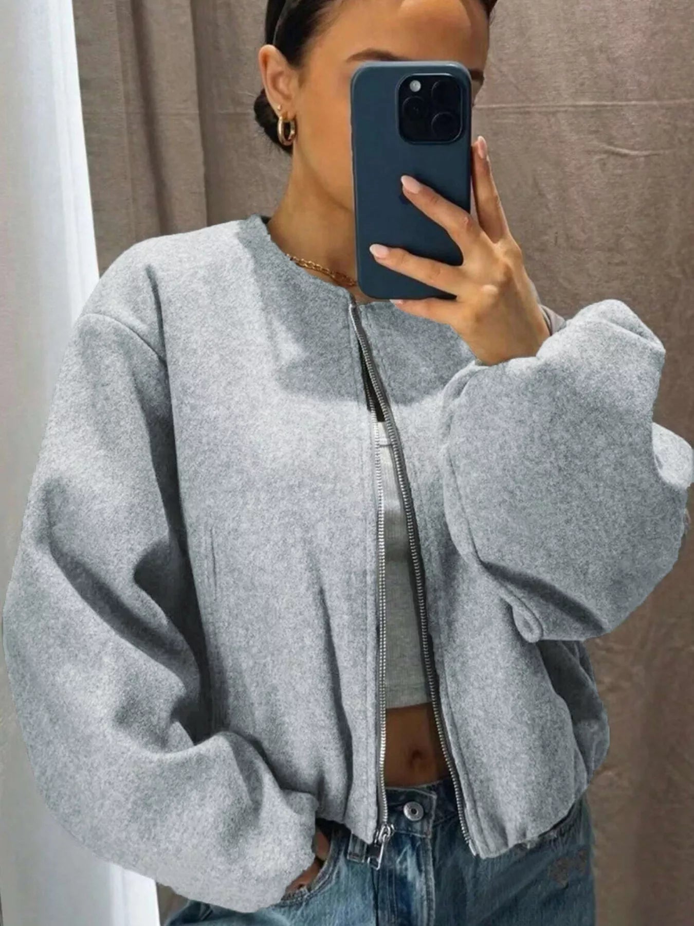 Plus Size Casual Fleece Zip-Up Bomber Jacket Gray OutfitFlow