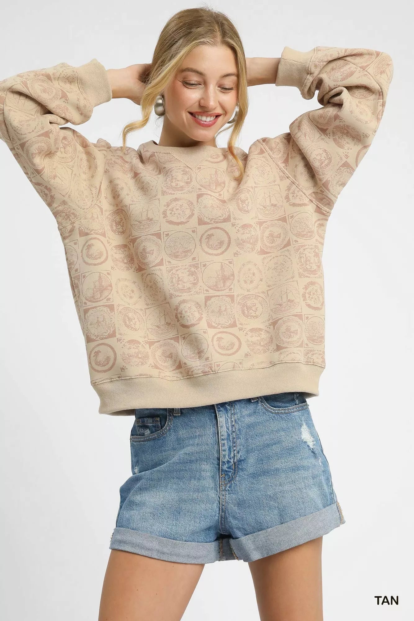 Umgee Coin Stamp Print Sweatshirt TAN OutfitFlow