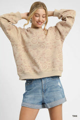 Umgee Coin Stamp Print Sweatshirt TAN OutfitFlow