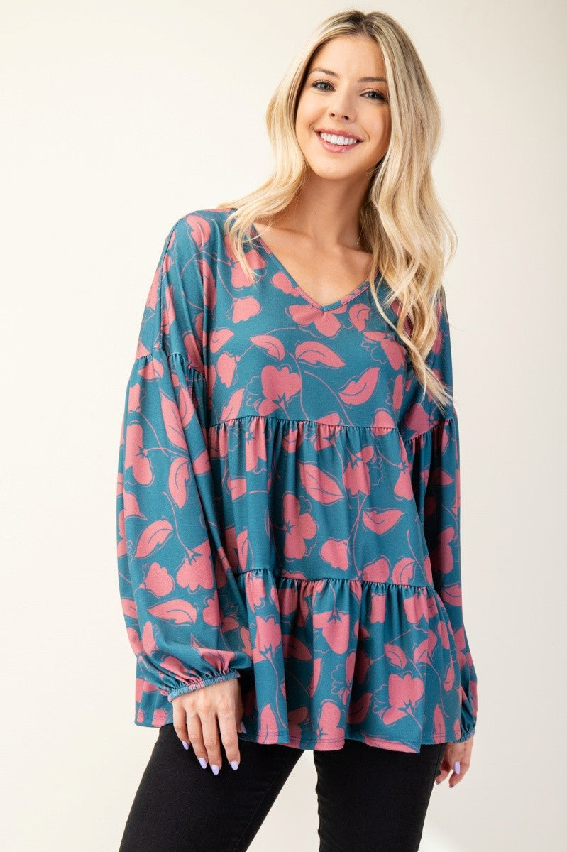 Outfit Flow - Celeste Full Size Tiered Floral V-Neck Long Sleeve Blouse