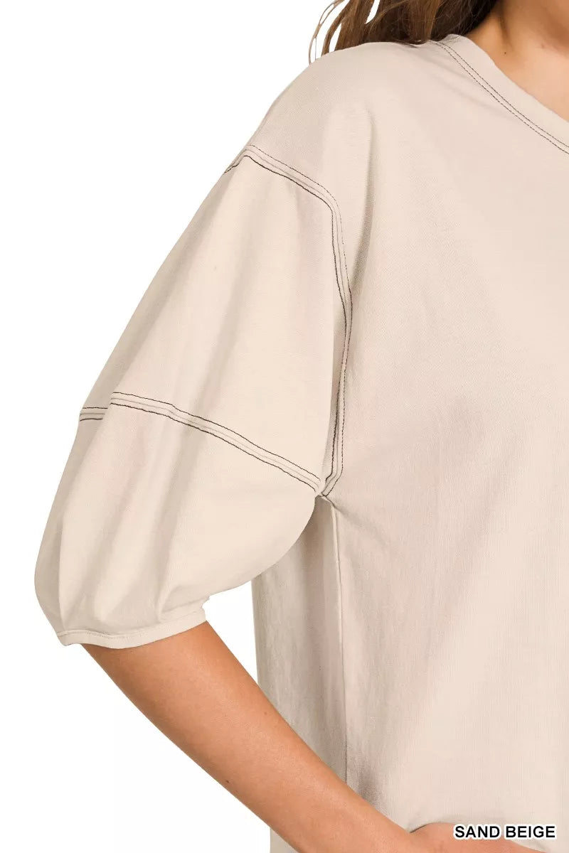 Zenana Balloon Sleeve Top with Contrast Stitching OutfitFlow
