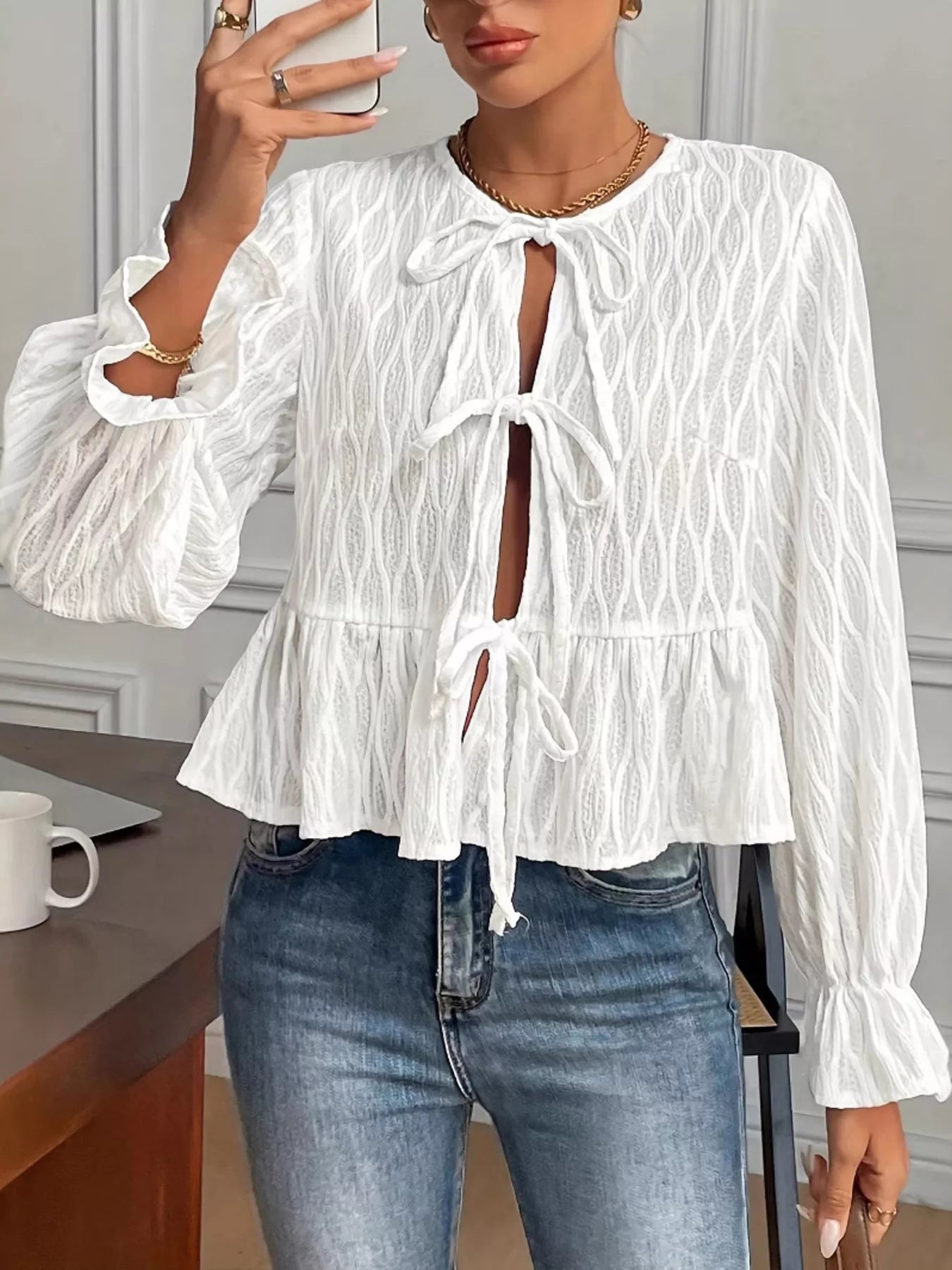 Tie Front Flounce Sleeve Blouse OutfitFlow