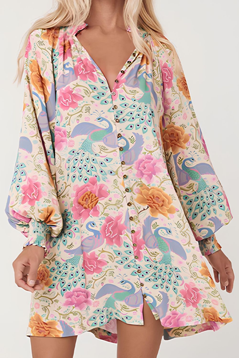 Printed Notched Lantern Sleeve Dress OutfitFlow
