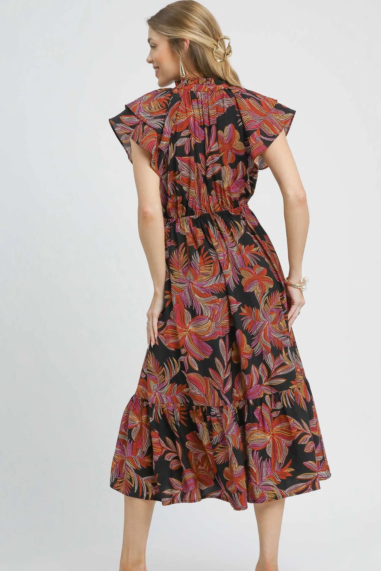Umgee Mix Ruffle Sleeve Tropical Midi Dress OutfitFlow