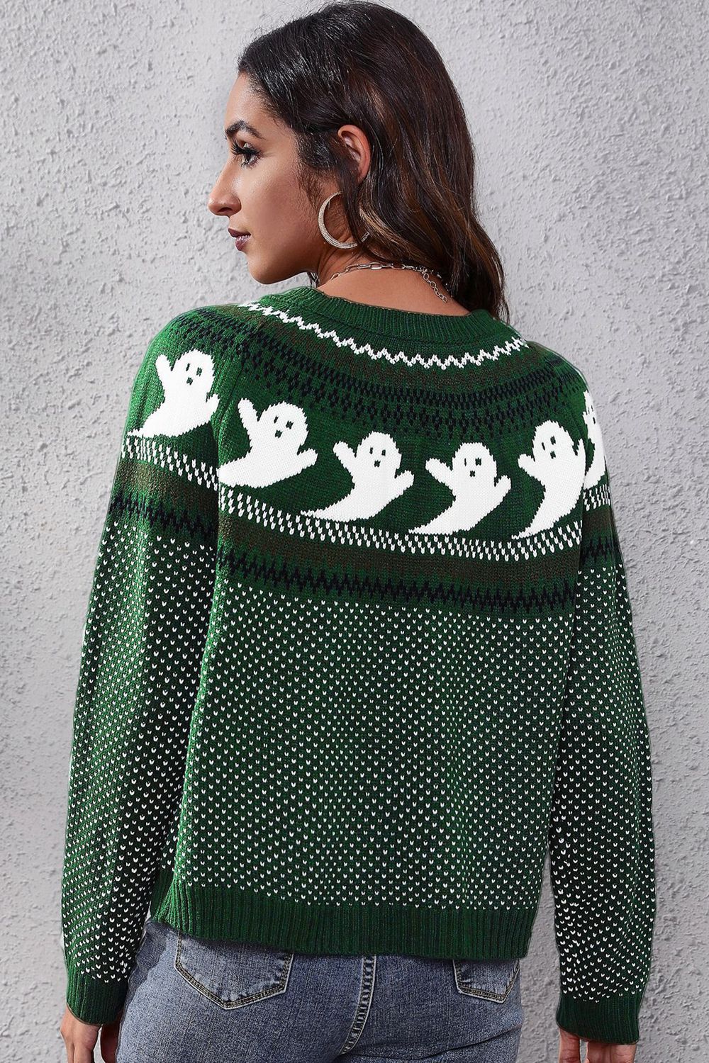 Ghost Pattern Round Neck Long Sleeve Sweater OutfitFlow