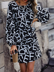 Letter Print Balloon Sleeve Dress OutfitFlow