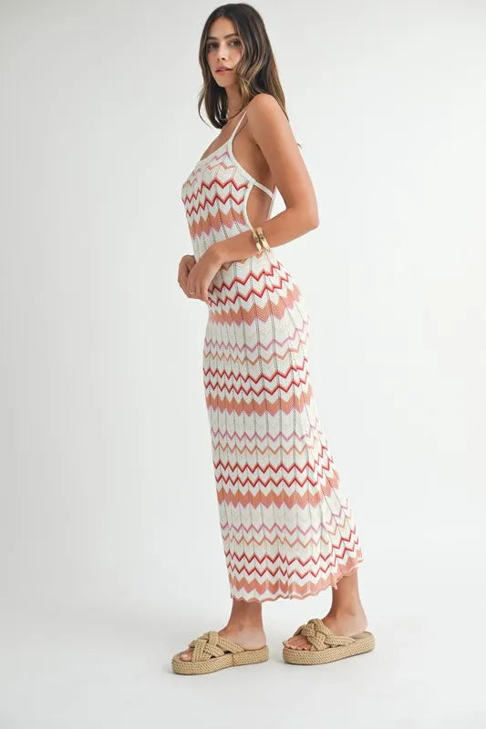 MABLE Lightweight Pointelle Chevron Knit Maxi Dress OutfitFlow