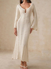 Wave Openwork Crochet Maxi Knit Dress OutfitFlow