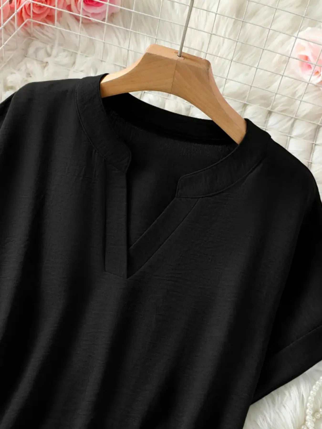 Casual Notched Short Sleeve Blouse OutfitFlow