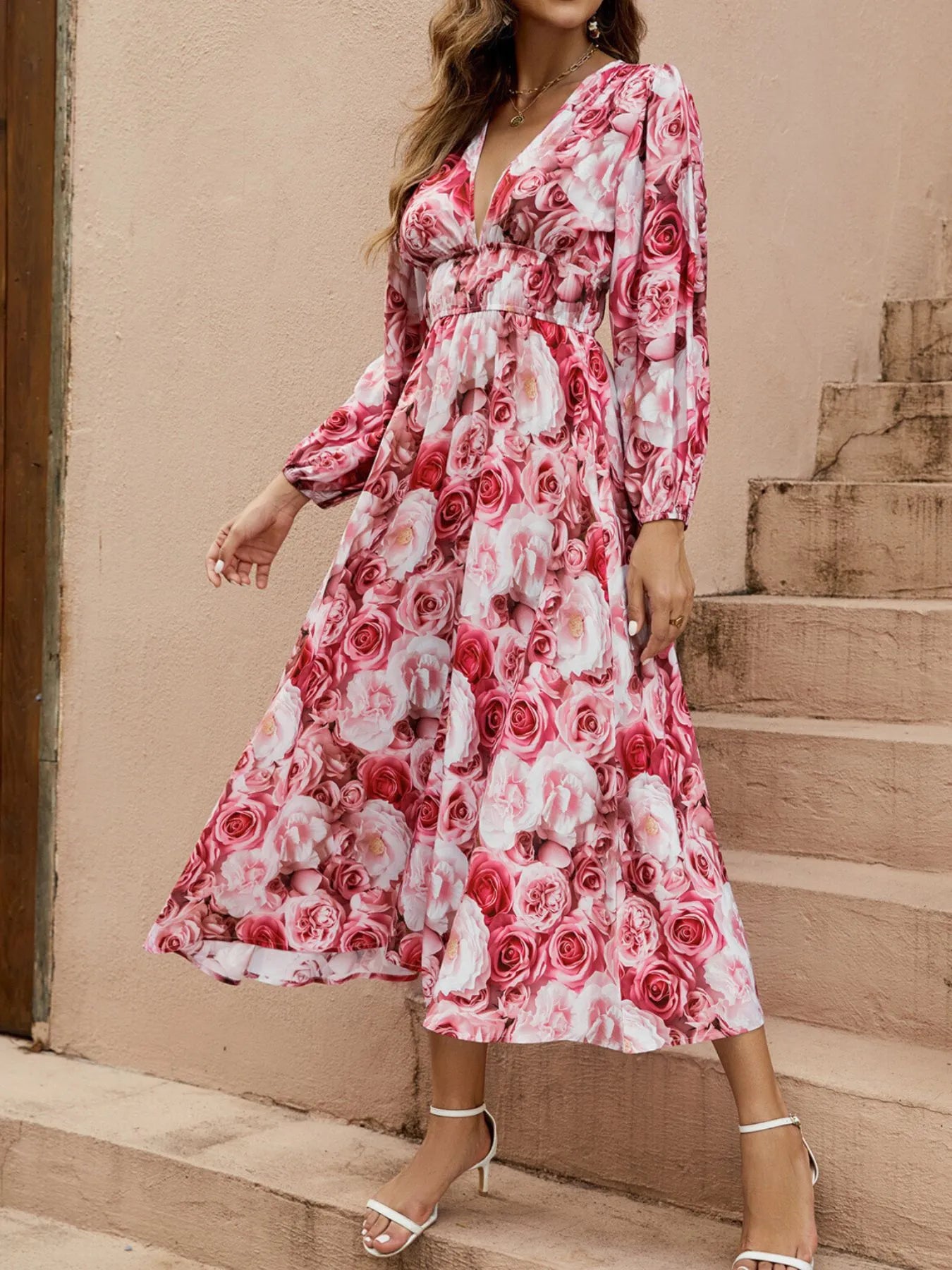 Floral V-Neck Long Sleeve Dress OutfitFlow