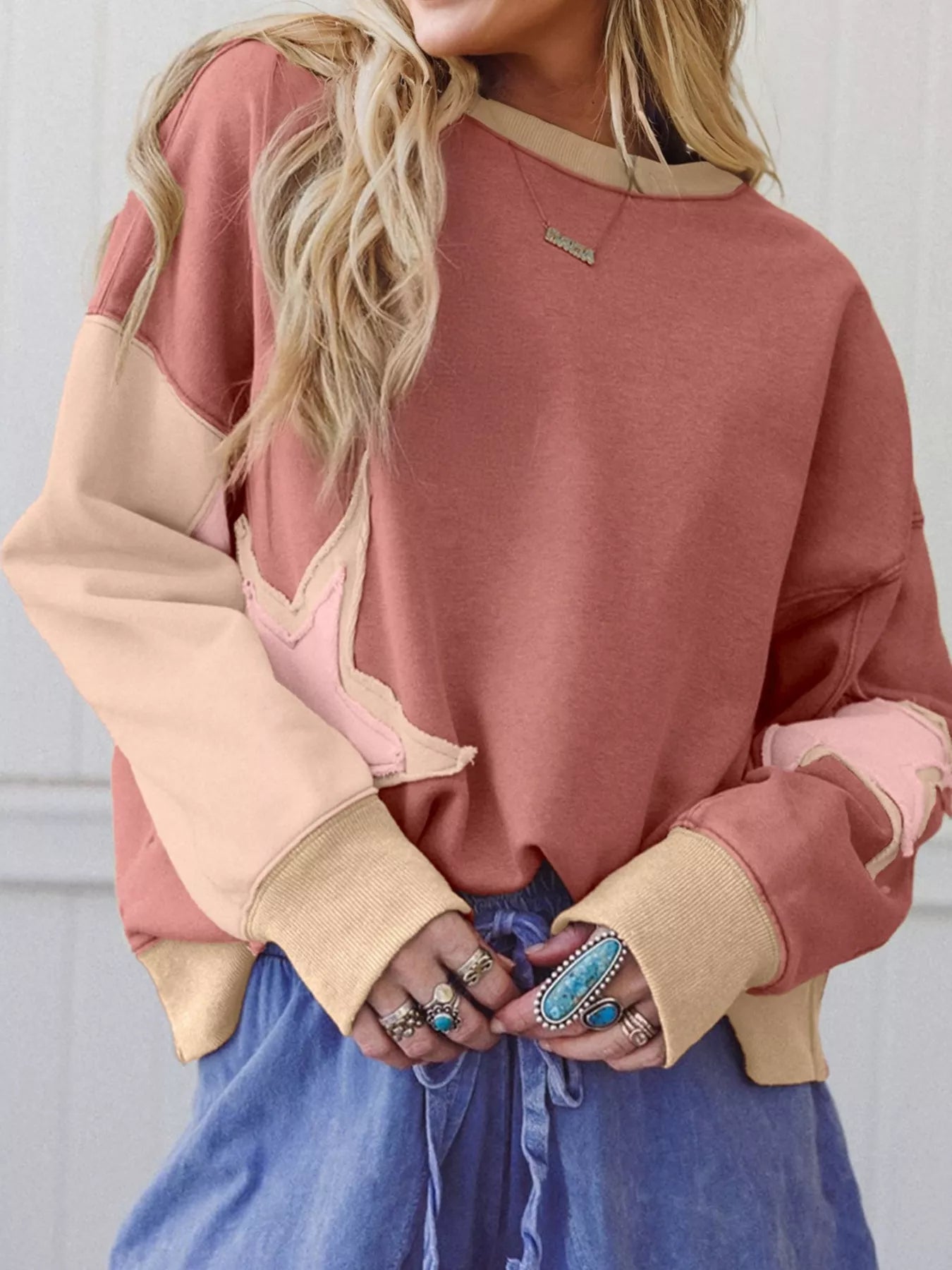 Contrast Star Patchwork Exposed Seam Uneven Hem Drop Shoulder Sweatshirt OutfitFlow