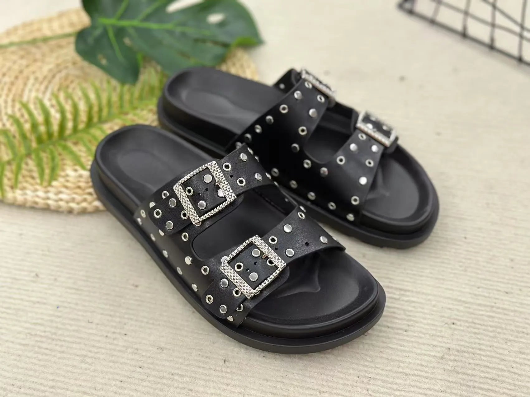 Double Buckle Open Toe Flat Sandals Black OutfitFlow