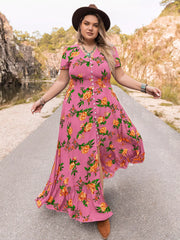 Plus Size Floral V-Neck Short Sleeve Maxi Dress OutfitFlow