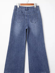 High Waist Button Zip Flare Leg Jeans OutfitFlow