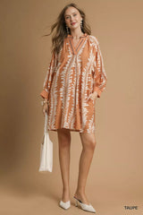 Umgee Leaf Print Notched Mini Babydoll Dress OutfitFlow
