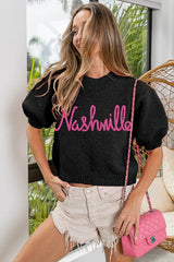 BiBi Metallic Letter Short Puff Sleeve Hairy Sweater OutfitFlow