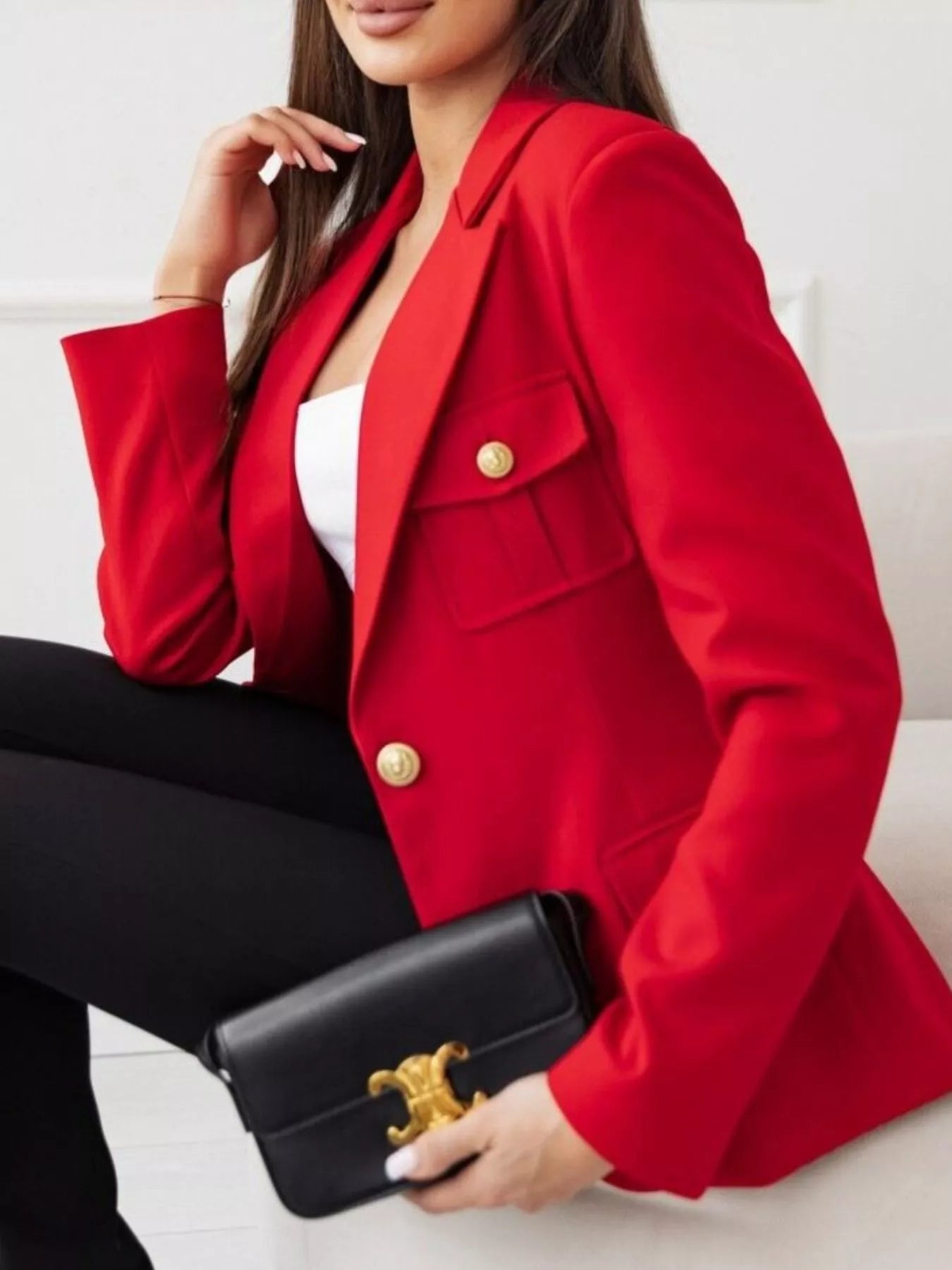 Lapel Collar One Button Blazer Red OutfitFlow