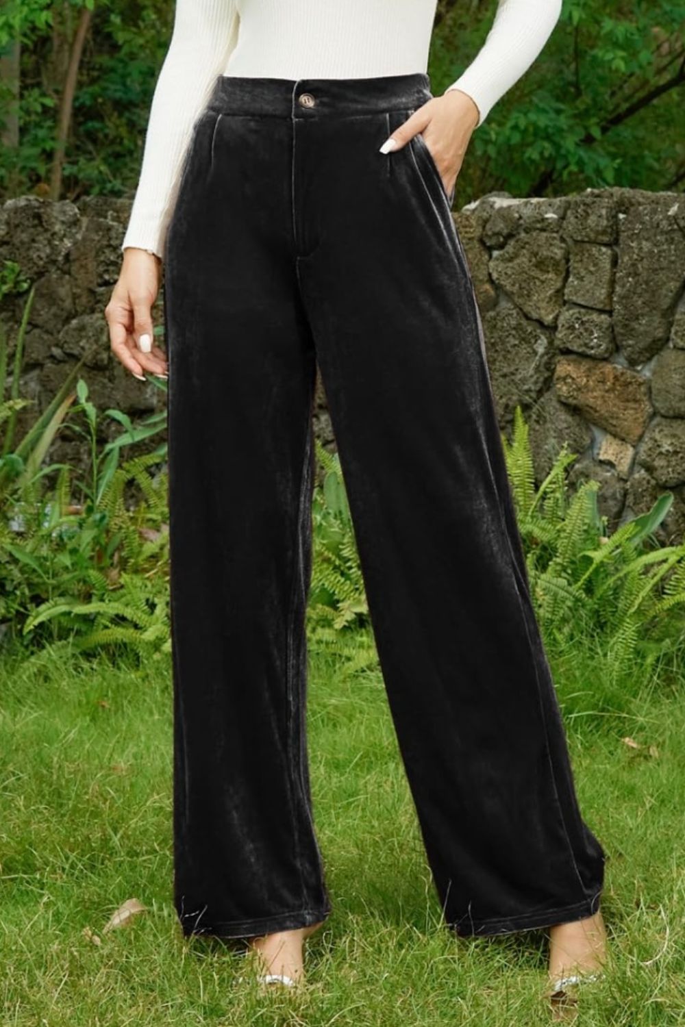 Outfit Flow - Velvet Wide Leg Pants with Pockets