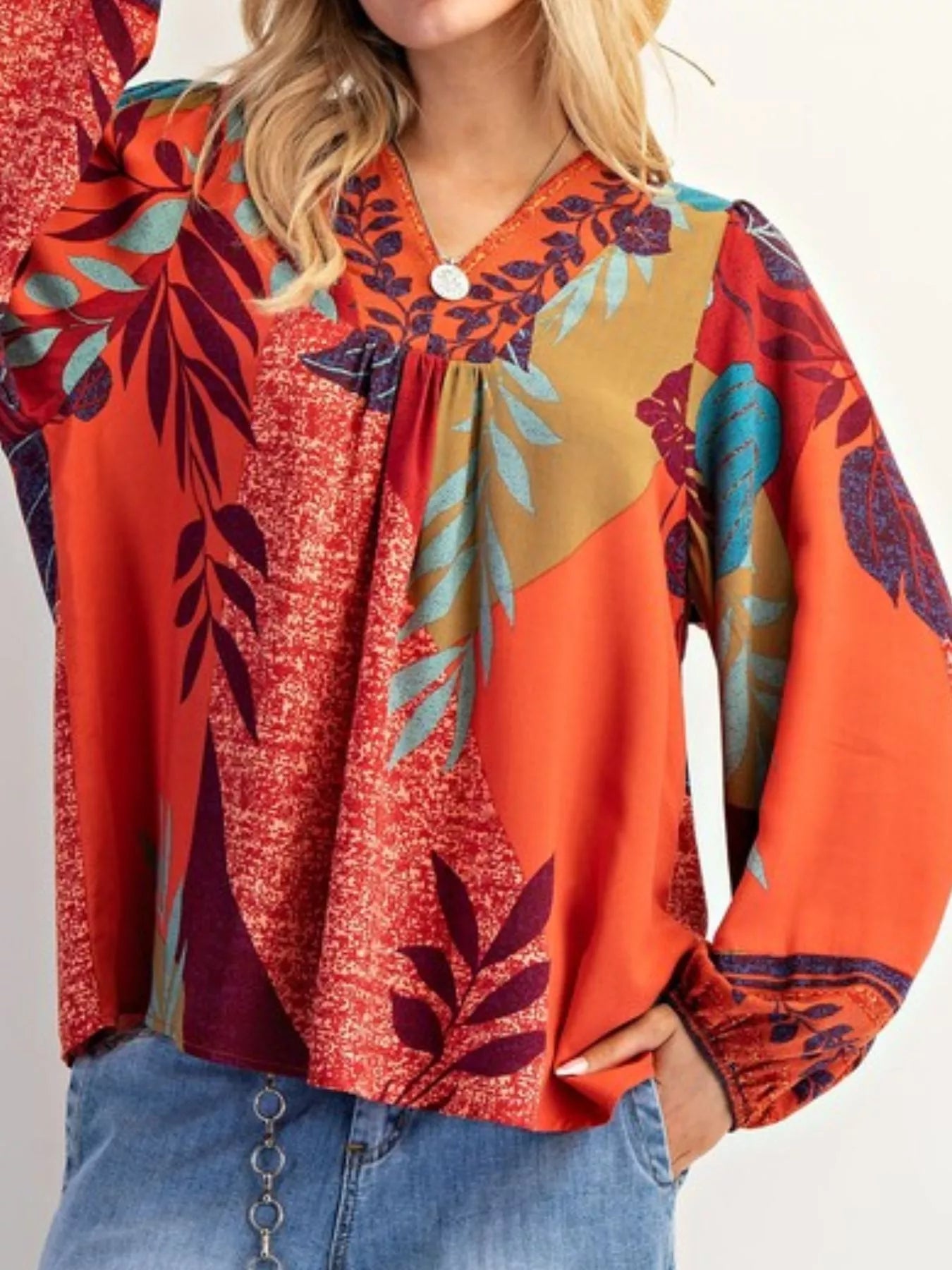 Tropical Print Balloon Sleeve Blouse OutfitFlow