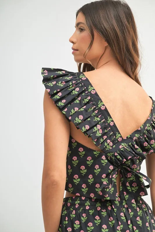 MABLE Floral Print Ruffle Top and Pants Set OutfitFlow