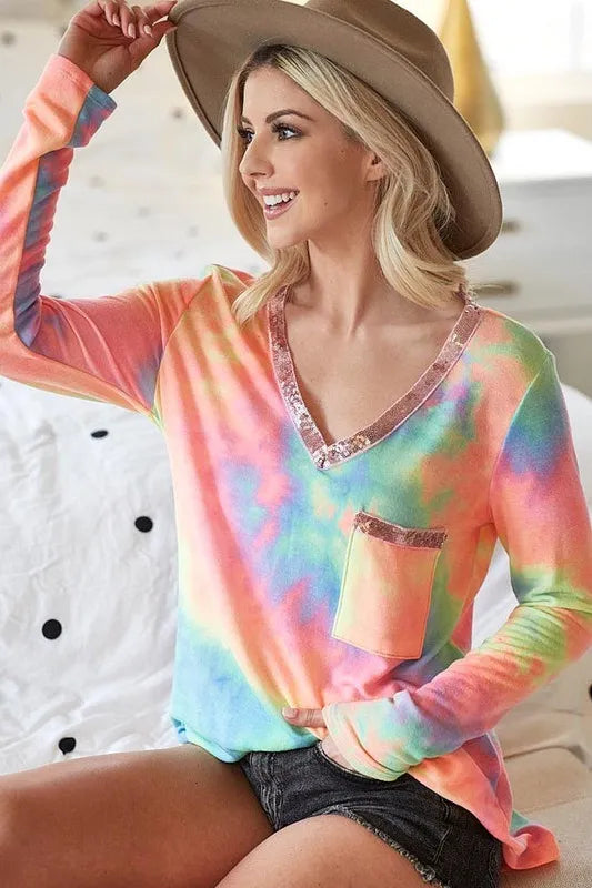 BiBi Tie Dye V-neck Terry Knit Top With Sequins OutfitFlow