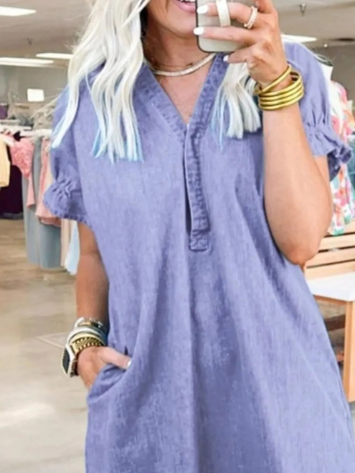 Full Size V-Neck Short Sleeve Denim Dress Plus Size OutfitFlow
