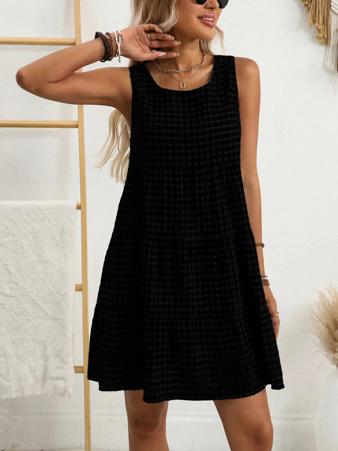 Plaid Round Neck Sleeveless Mini Dress OutfitFlow