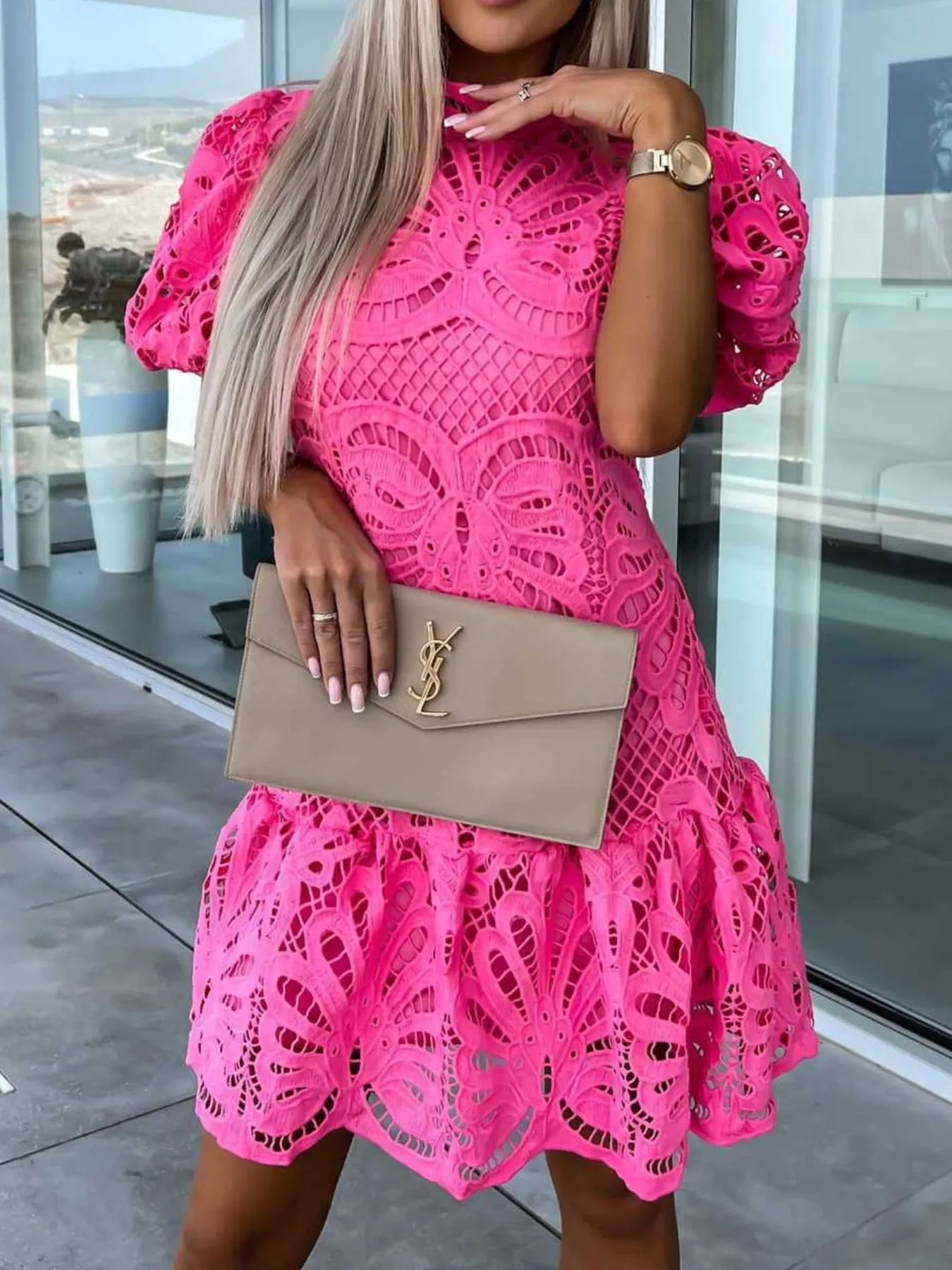 Lace Mock Neck Puff Sleeve Dress OutfitFlow