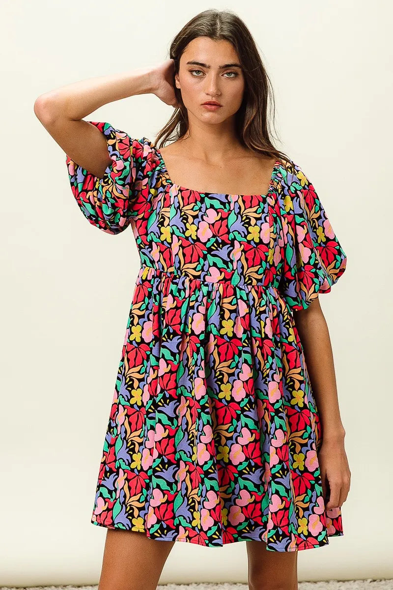 BiBi Floral Print Puff Square Neck Dress OutfitFlow