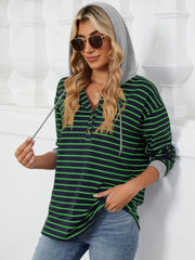 Outfit Flow - Drawstring Striped Long Sleeve Hoodie