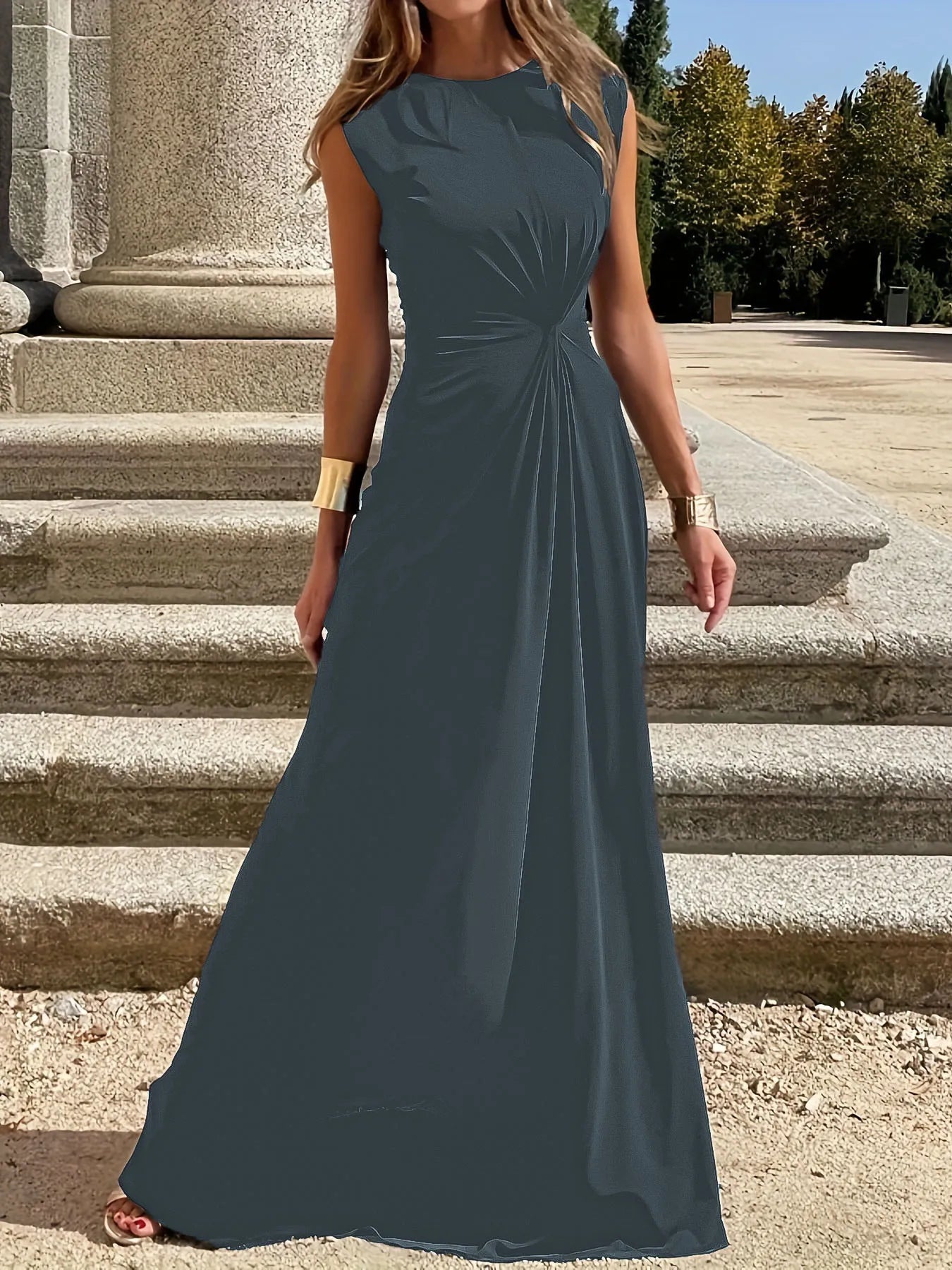 Round Neck Sleeveless Maxi Dress French Blue OutfitFlow