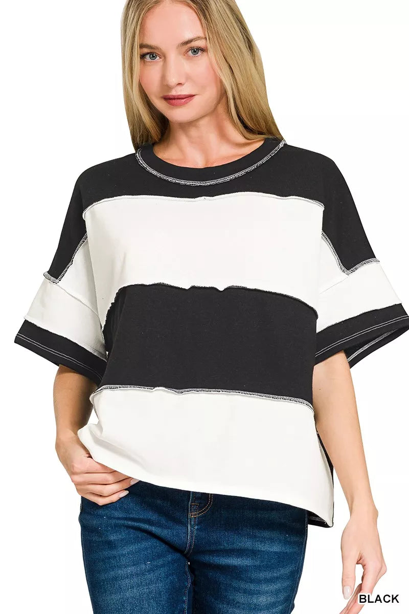 Zenana French Terry Color Block Exposed Seam Top BLACK OutfitFlow