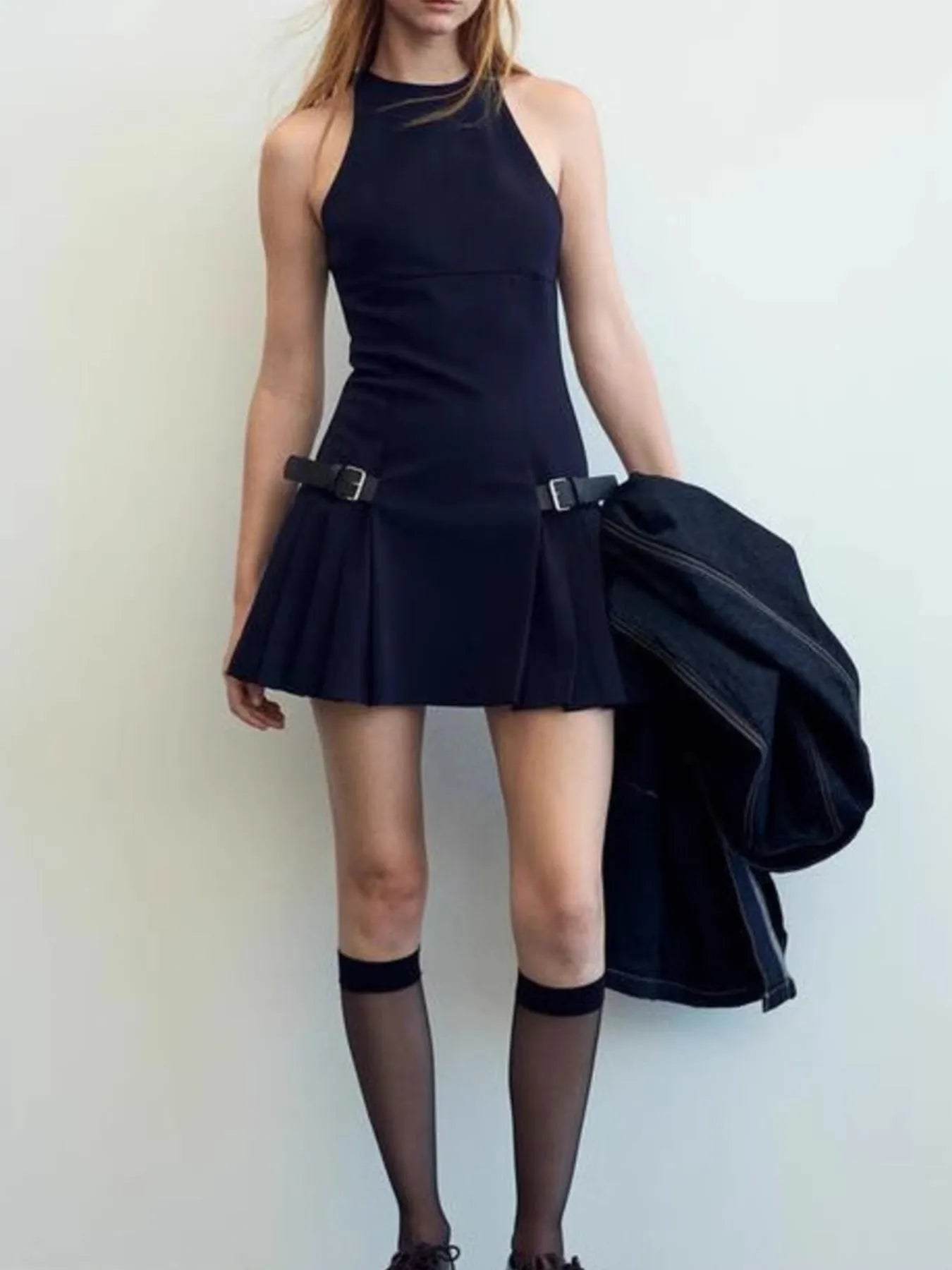 Sleeveless Halter Neck Mini Dress Dark Navy OutfitFlow