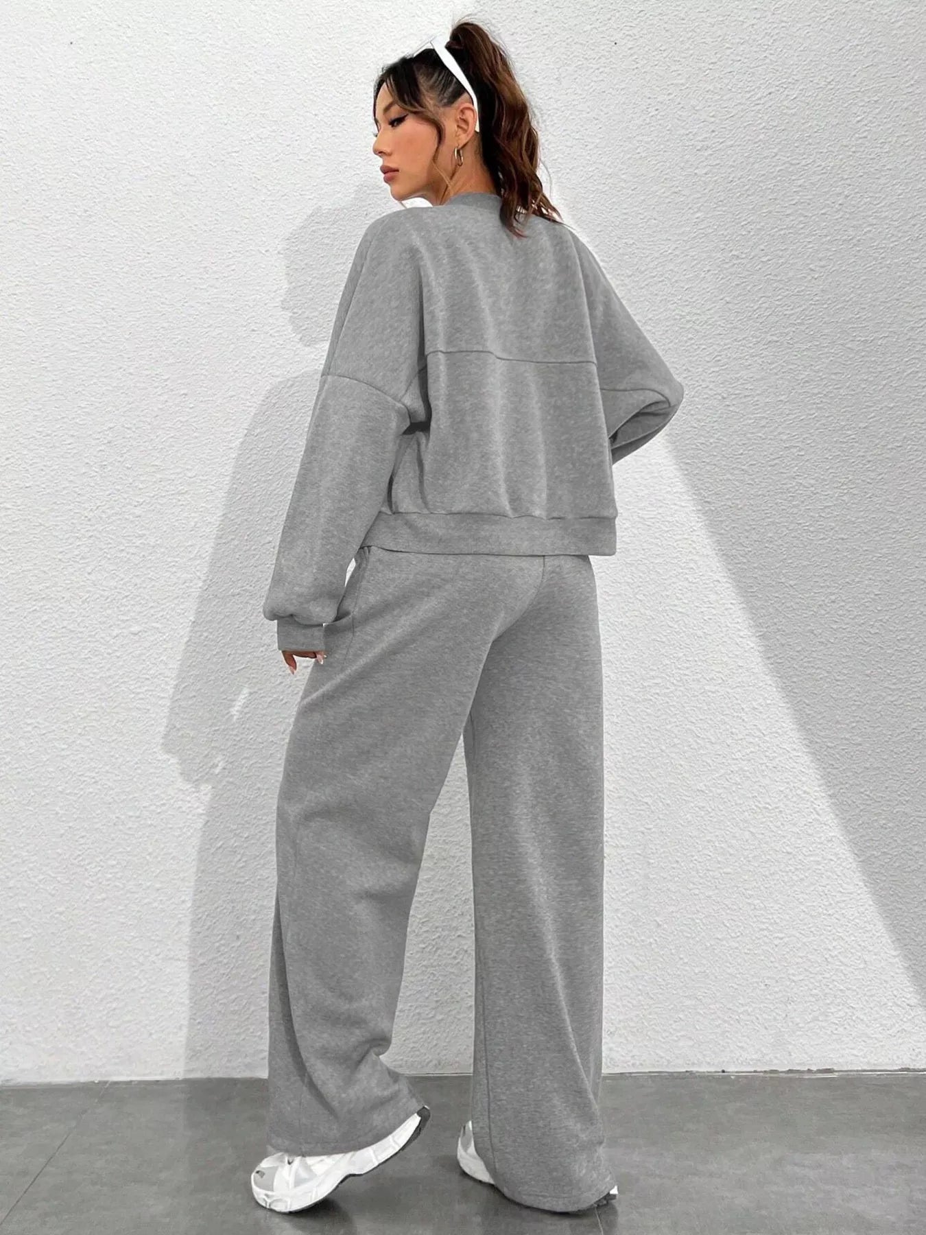 Casual Solid Color Zipper Jacket and Wide Leg Pants Set OutfitFlow