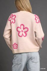 Umgee Round Neck Sweater with Pink Floral Accents OutfitFlow