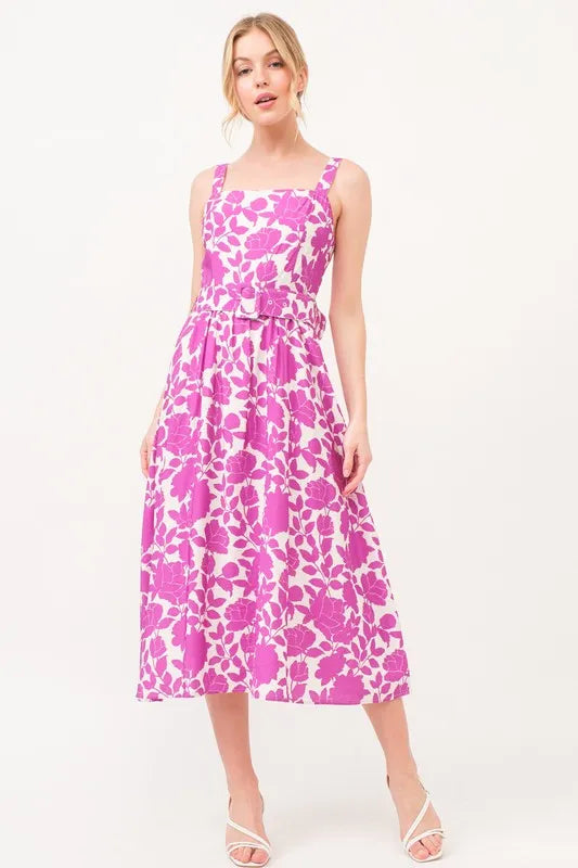And The Why Square Neck Belted Floral Printed Midi Dress OutfitFlow
